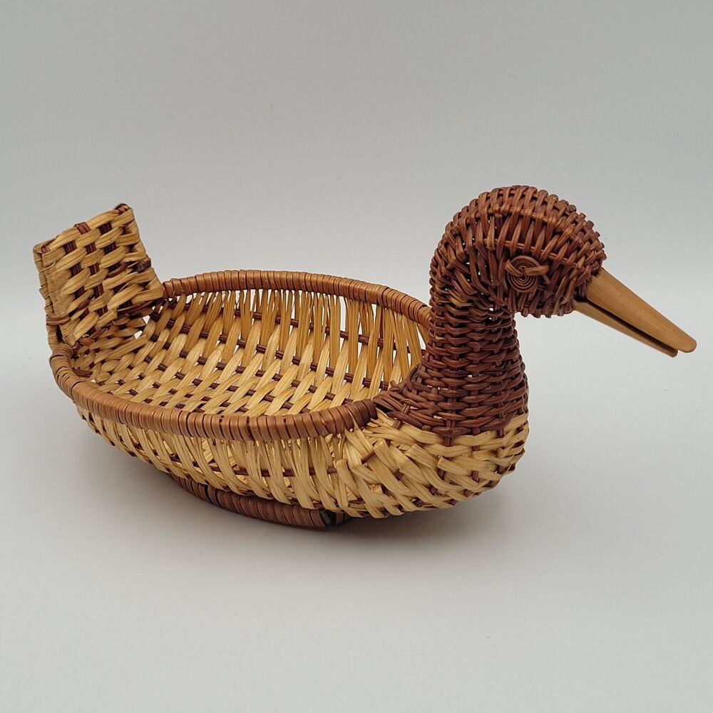 Vintage Duck Basket Two-Tone Woven Wicker 9" Wood Beak Cottage Farmhouse Cabin